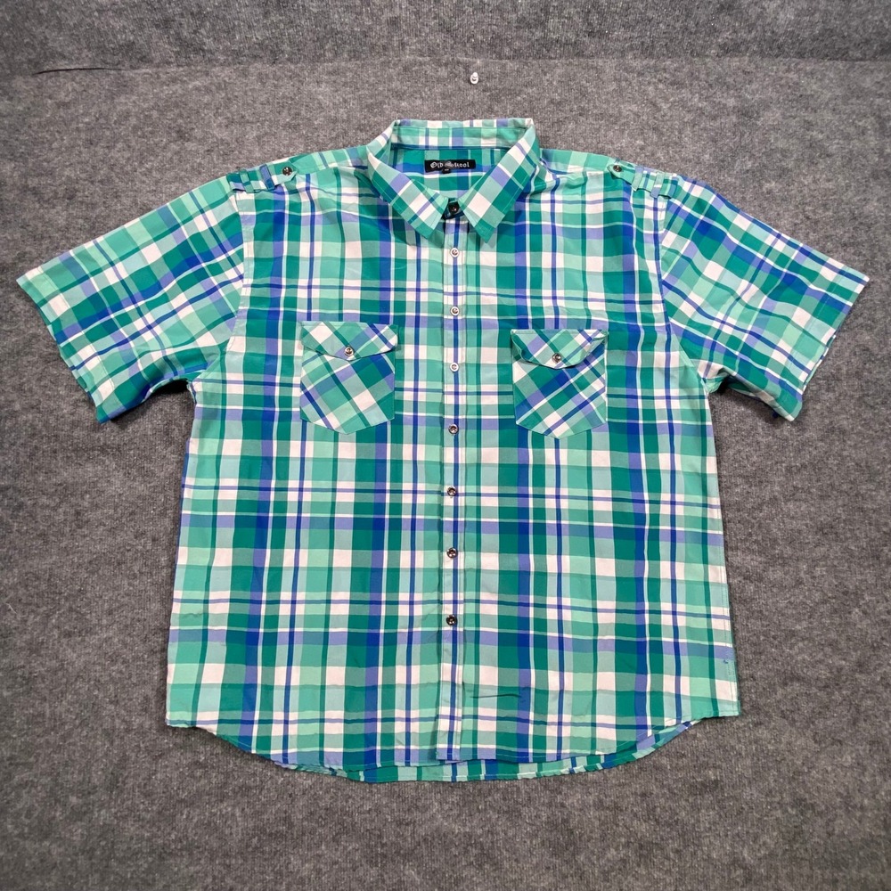 Old Skool Mens 4X Plaid Short Sleeve Button Down Shirt Green Blue Epaulets
